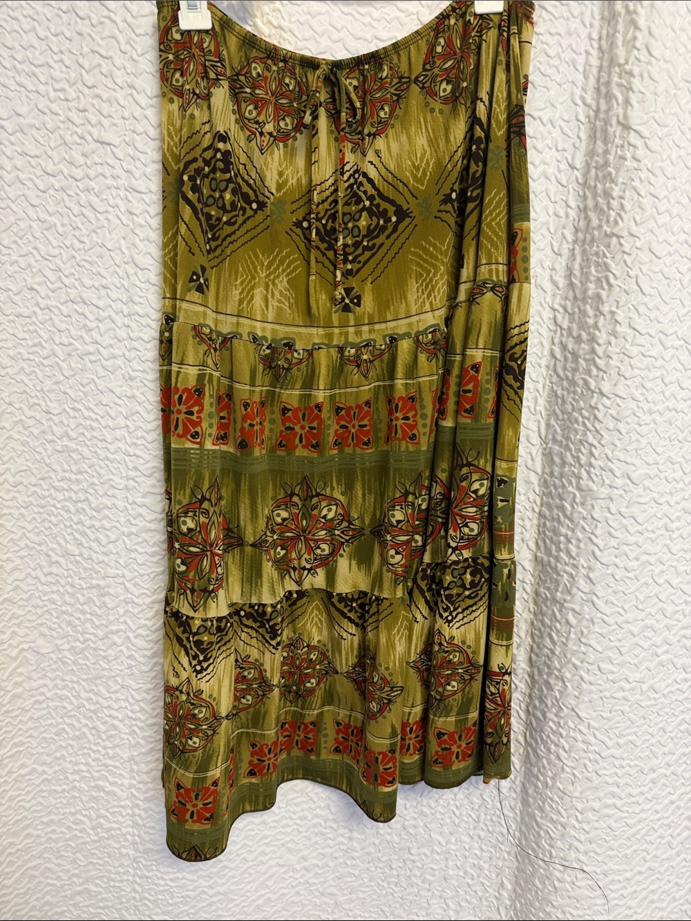 Julie’s Closet USA Olive Green Boho Tiered Midi Skirt Tribal Geometric Y2K L/XL